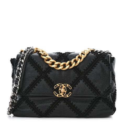 CHANEL Calfskin Crochet Large Chanel 19 Flap Black